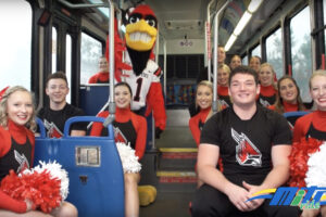 Ball State Cheer Team on MITS bus